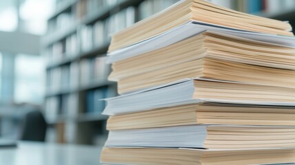 A stack of books on a table with a library background