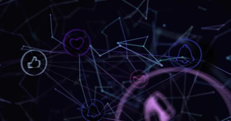 Wall Mural - Animation of network of connections with icons on black background