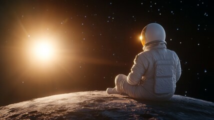 Wall Mural - A man in a spacesuit is sitting on the surface of the moon