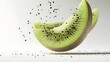© Mr image - 2. **A 3D render of a falling slice of kiwi, its green flesh and black seeds contrasted with a clean white surface