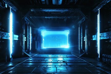 Poster - Futuristic sci-fi corridor with glowing neon lights