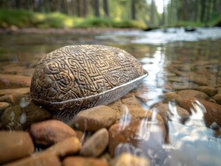 Poster - Carved stone in a serene forest stream