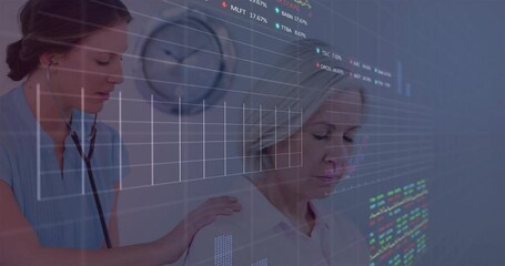 Sticker - Animation of diagrams and stock market over caucasian female doctor examining her patient