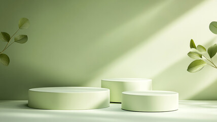 Poster - Minimalist green display with circular platforms and soft leaves in natural light