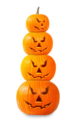 Wall Mural - Stack of pumpkins with carved spooky faces on white background. Halloween jack-o-lanterns of different sizes