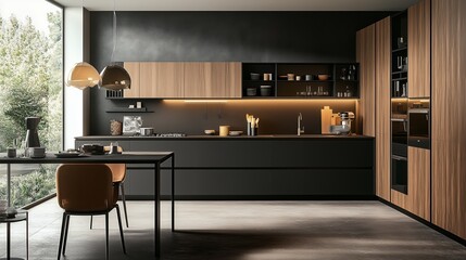 Poster - Modern kitchen design featuring elegant wooden cabinetry and minimalist decor in a sunlit space