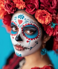 Wall Mural - vibrant day of the dead makeup and floral headpiece