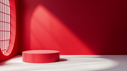 Poster - A vibrant red room with circular window and minimalist pedestal for artistic display