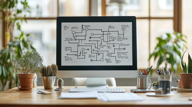 A workspace featuring a computer displaying a flowchart.