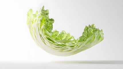 Wall Mural - 46. **A 3D render of a falling slice of cabbage, its crisp, layered leaves and pale green color set against a clean white background