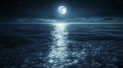 full moon reflecting on a calm sea at night