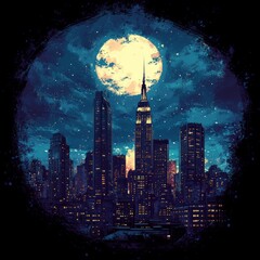 Wall Mural - A vibrant city skyline at night under a large moon.