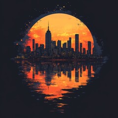 Sticker - A vibrant city skyline silhouette against a glowing sunset, reflecting on water.