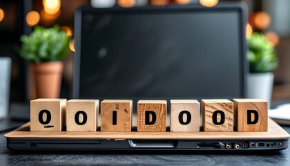 Business strategy focused on OID terminology displayed on wooden block alongside a laptop