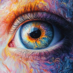 Wall Mural - A vibrant close-up of an eye with colorful, swirling patterns.