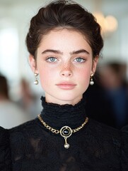 Poster - beautiful woman with dark hair and freckles wearing elegant black dress