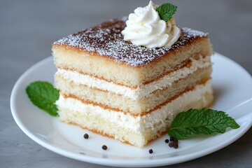 Poster - Delicious layered cake with whipped cream and mint garnish