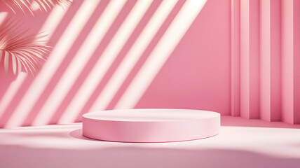 Poster - Bright pink illustration showcasing a minimalistic display platform with shadows and palm leaves
