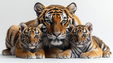 Wall Mural - A family of tigers, a mother with her cubs, lying down on a white background.