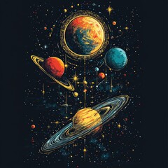 Wall Mural - A vibrant cosmic illustration featuring planets, rings, and stars in a colorful space scene.