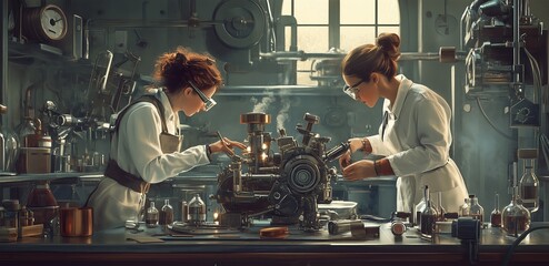 Poster - two scientists conducting experiments in a vintage laboratory filled with glassware and intricate ma