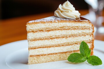 Poster - Delicious layered cake with creamy frosting and mint garnish