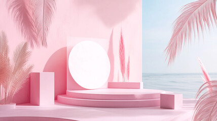 Poster - A serene pink-themed illustration of a coastal setting with geometric structures and palm leaves