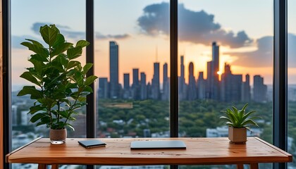 Chic urban office featuring a wooden desk, laptop, and greenery with a stunning city skyline view