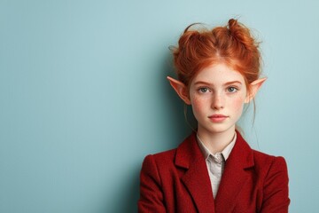 Poster - Redheaded woman with elf-like ears wearing a red coat