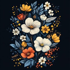 Wall Mural - A vibrant floral arrangement featuring various flowers and leaves on a dark background.