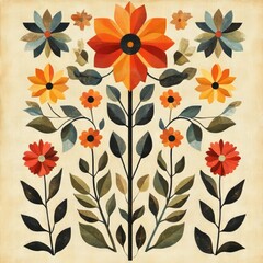 Canvas Print - A vibrant floral illustration featuring various stylized flowers and leaves.