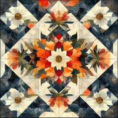 Poster - A vibrant floral pattern featuring intricate designs in warm and cool tones.