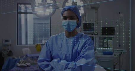 Poster - Animation of cardiograph over biracial female surgeon in operating room