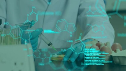 Poster - Animation of data processing and chemical formula over caucasian scientist working in lab