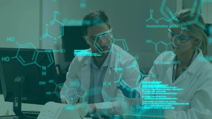 Poster - Animation of data processing and chemical formula over caucasian scientists working in lab