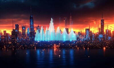 Wall Mural - Futuristic Cityscape with a Soundwave Skyline