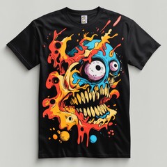 Canvas Print - A vibrant graphic t-shirt featuring a colorful, abstract skull design with exaggerated features.