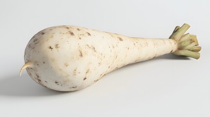 38. **A 3D render of a rotting daikon radish, showing soft spots and a wrinkled surface, against a clean white backdrop