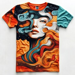 Sticker - A vibrant graphic t-shirt featuring an artistic depiction of a woman's face with swirling colors.