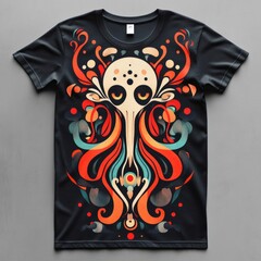 Wall Mural - A vibrant graphic t-shirt featuring an artistic octopus design with colorful swirls.