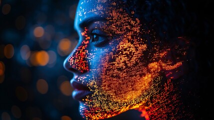 Poster - Woman with Digital Binary Code Projection