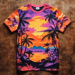 Sticker - A vibrant tropical shirt featuring a sunset scene with palm trees and a colorful sky.