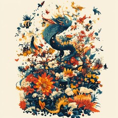 Canvas Print - A vibrant illustration featuring a dragon among colorful flowers and various creatures.