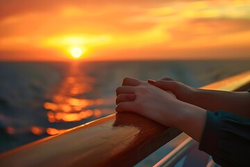 Female hands on the deck of a cruise ship against the background of the setting sun.