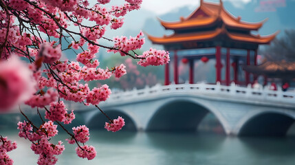 Blooming Cherry Blossoms Photo with a Chinese Pagoda and Bridge Background