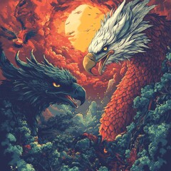 Sticker - A vibrant illustration of two mythical birds facing each other against a dramatic sunset backdrop.