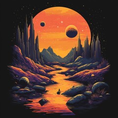 Sticker - A vibrant landscape with mountains, a river, and celestial bodies in a surreal sunset.