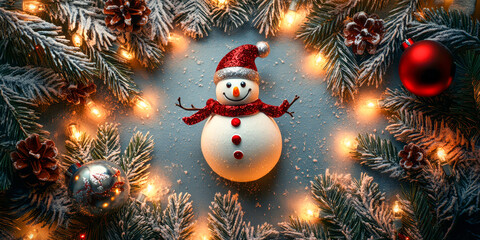 Wall Mural - Merry Christmas and Happy New Year bright colorful composition. Xmas background with festive decorative elements. Festive banner and web poster, greeting card, flyer and brochure