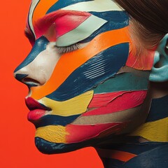 Wall Mural - A vibrant portrait featuring a face painted with bold, colorful stripes against a bright background.