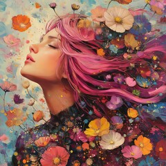 Poster - A vibrant portrait of a woman with flowing hair adorned with colorful flowers, symbolizing nature.